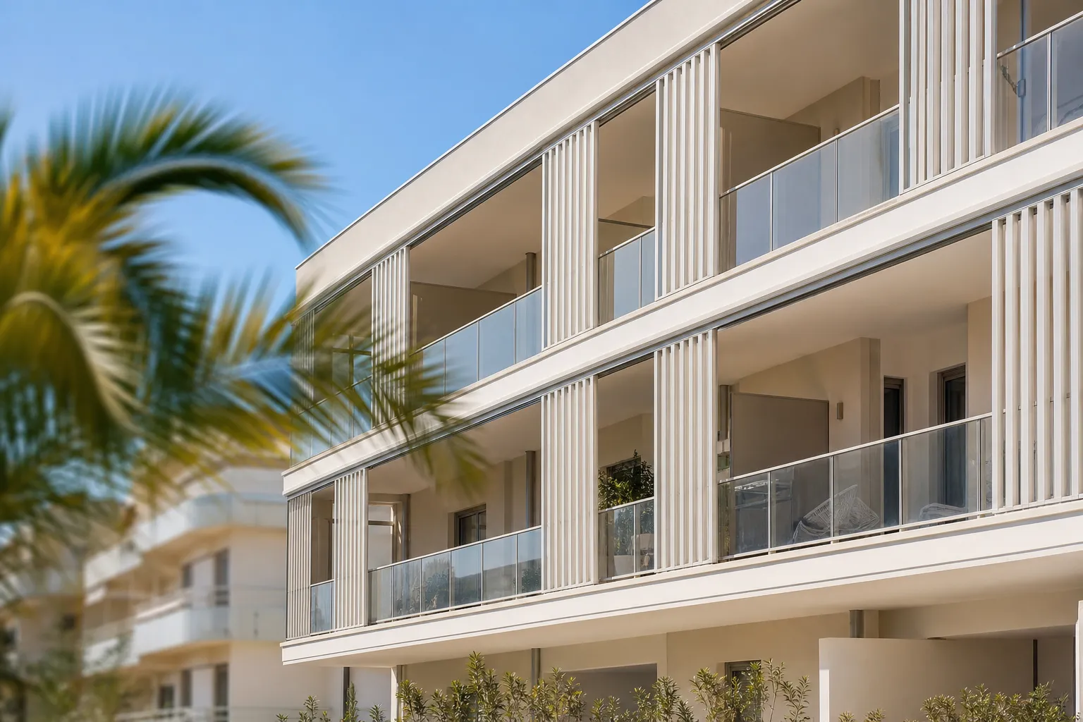 Façade d’immeuble d’habitation récent à balcons filants et brise-soleil clairs