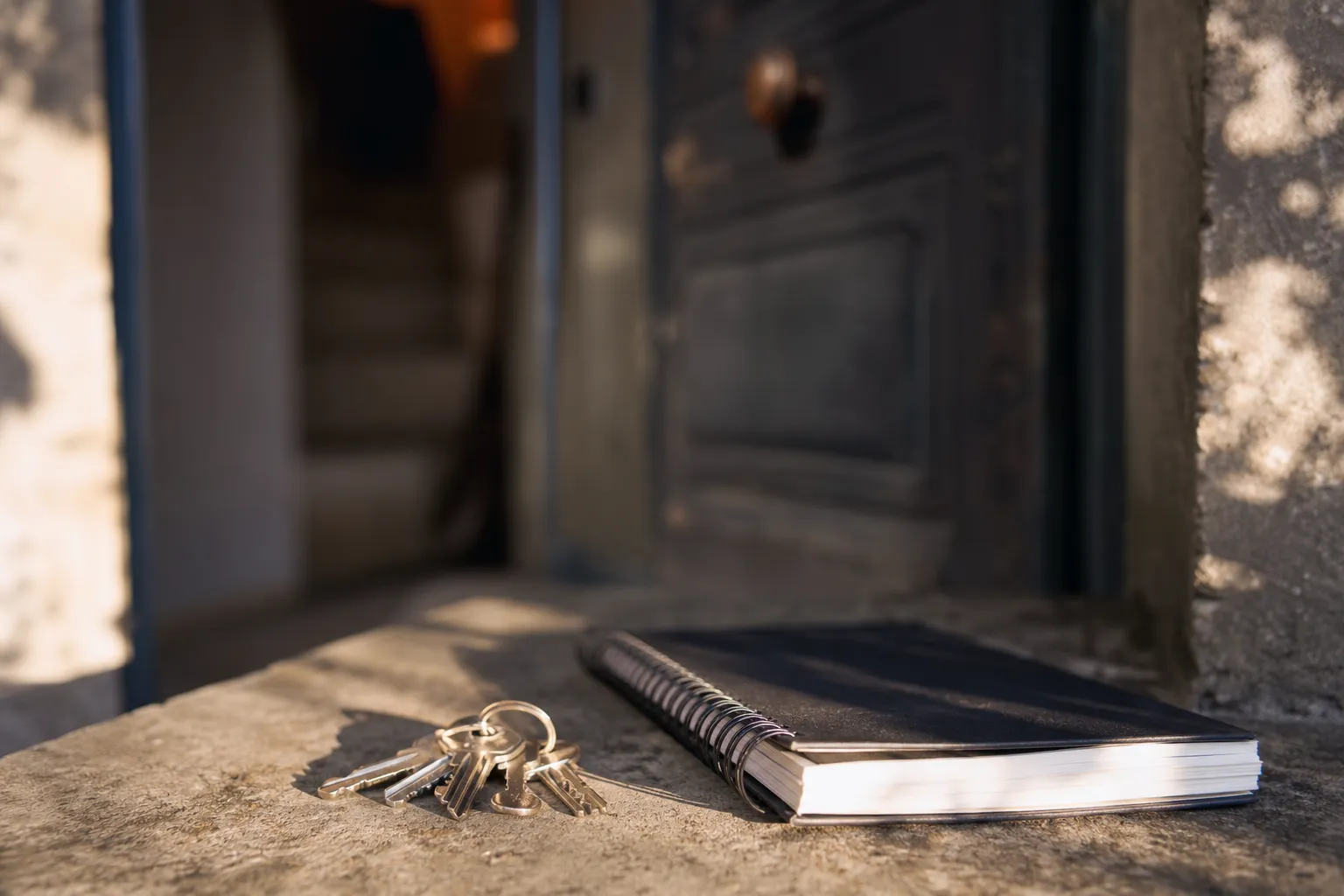 Trousseau de clés et carnet posés sur un appui de fenêtre en pierre