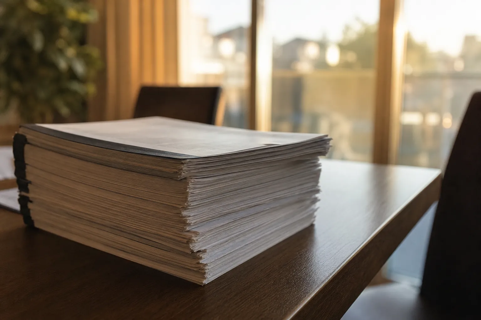 Pile de rapports techniques reliés au coin d’une table de salle à manger