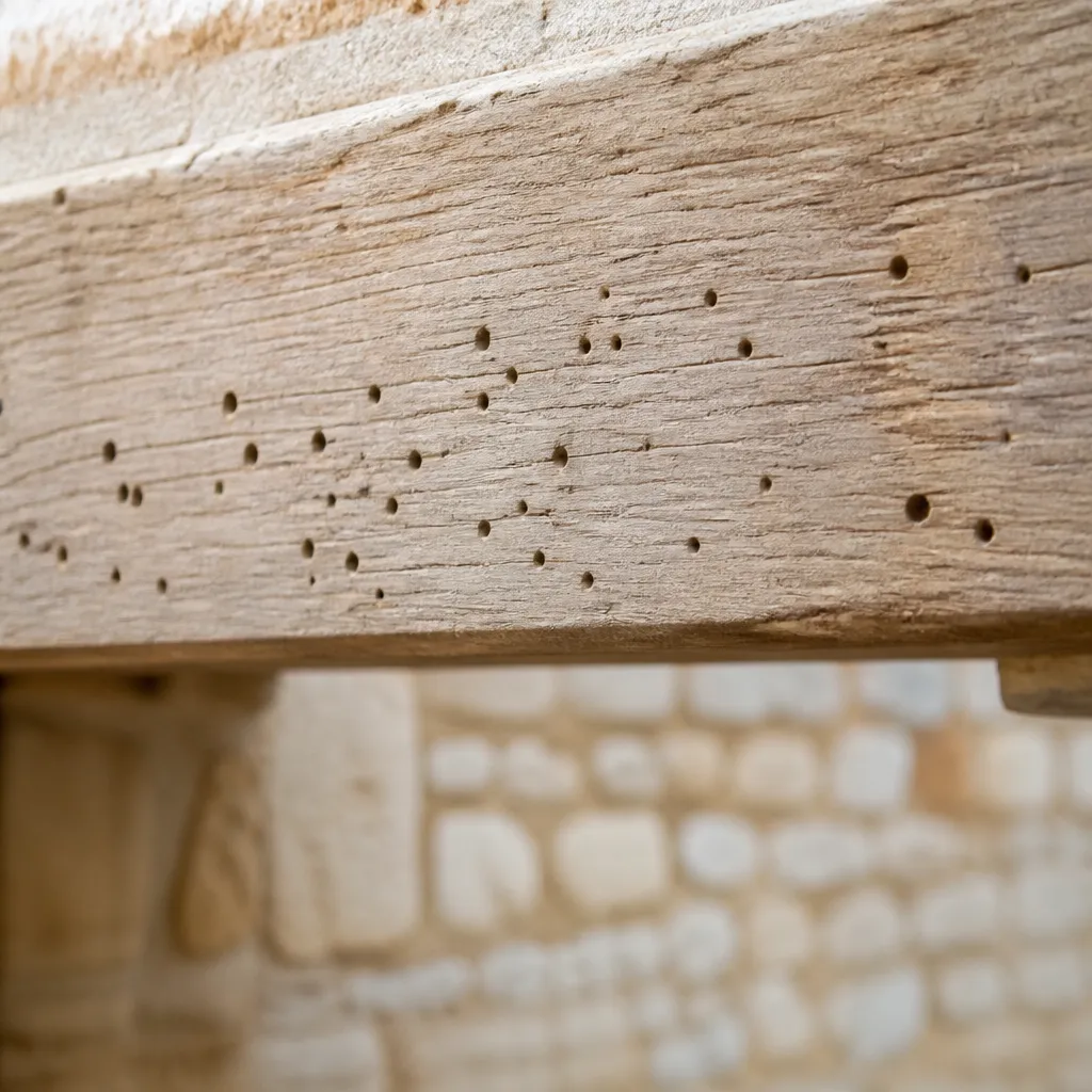 Linteau de bois clair marqué de petits trous ronds devant un mur en pierre