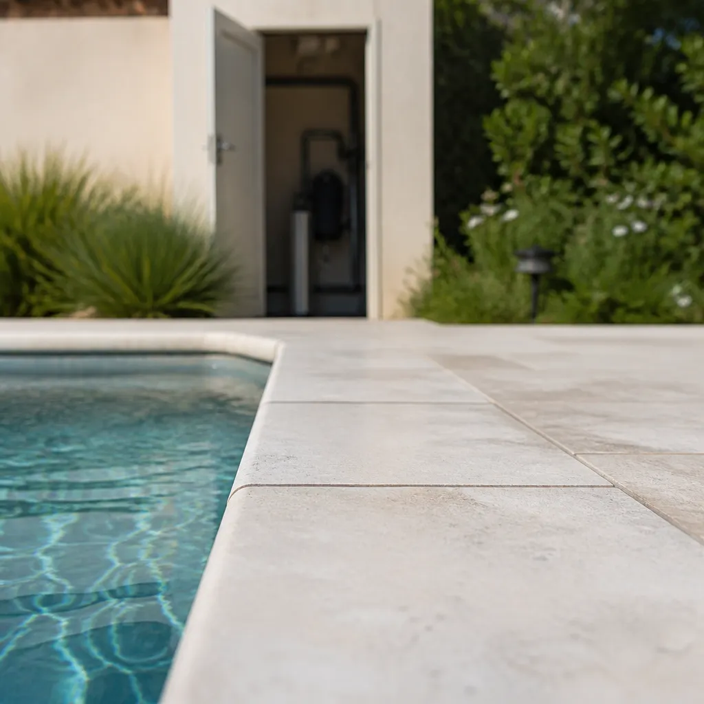 Margelle de piscine en pierre claire et local technique entrouvert derrière