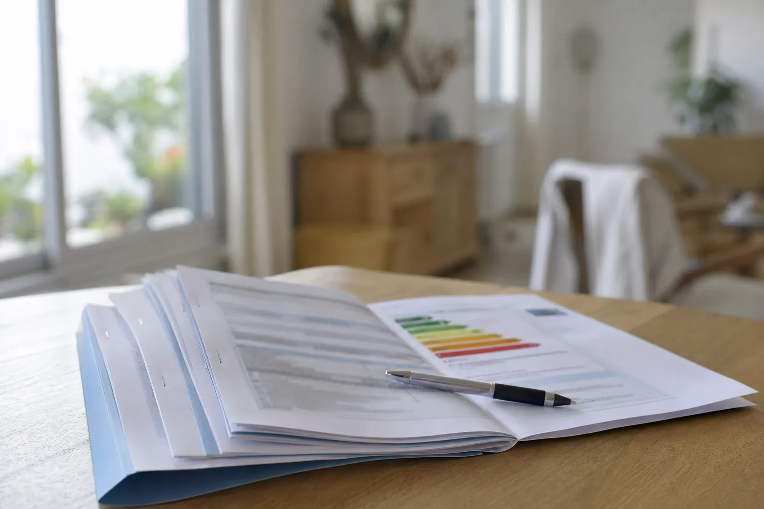 Dossier de diagnostics ouvert en éventail sur une table de bois clair, près d’une fenêtre