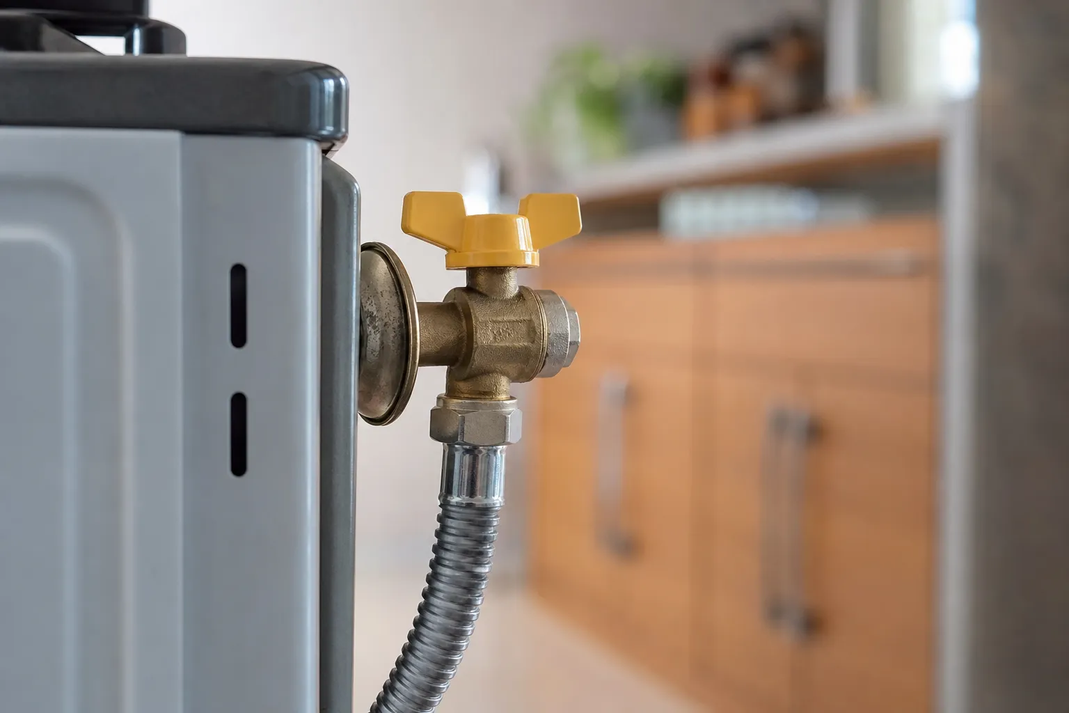 Robinet de gaz et tuyau souple d’alimentation derrière une cuisinière, raccord métallique net