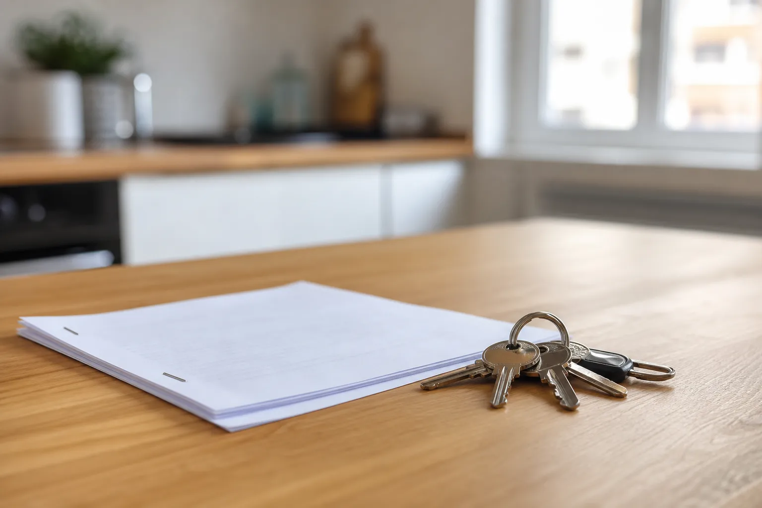 Deux exemplaires d’un contrat de location agrafés et un jeu de clés sur une table de cuisine