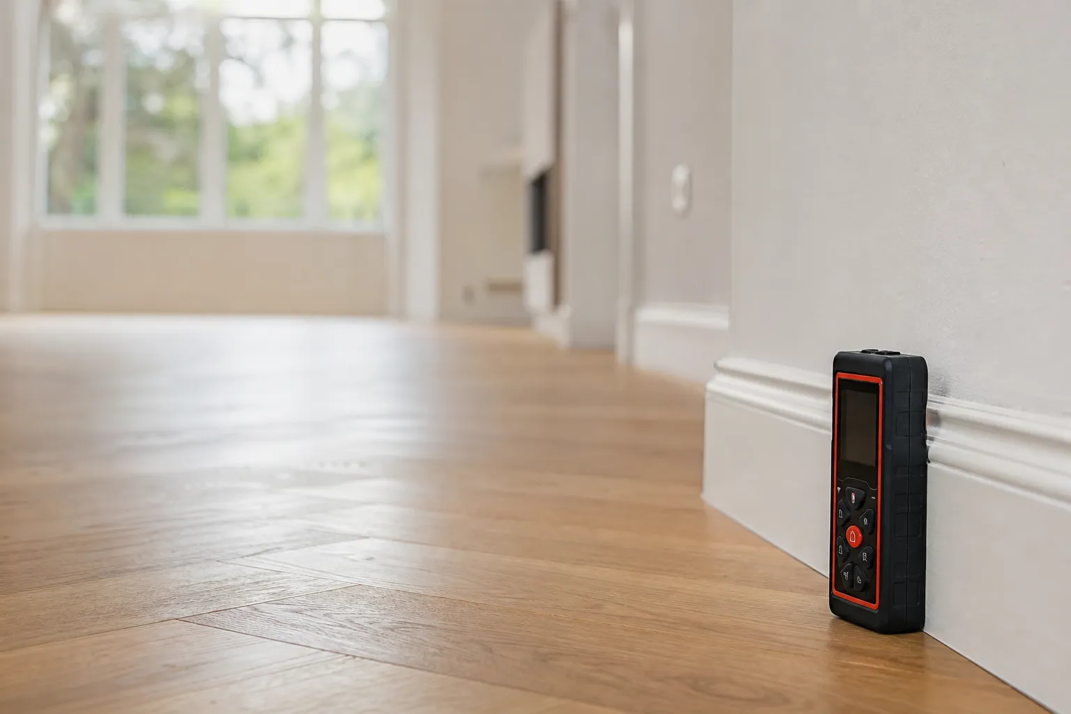 Télémètre laser posé au sol contre une plinthe, parquet en point de Hongrie au premier plan