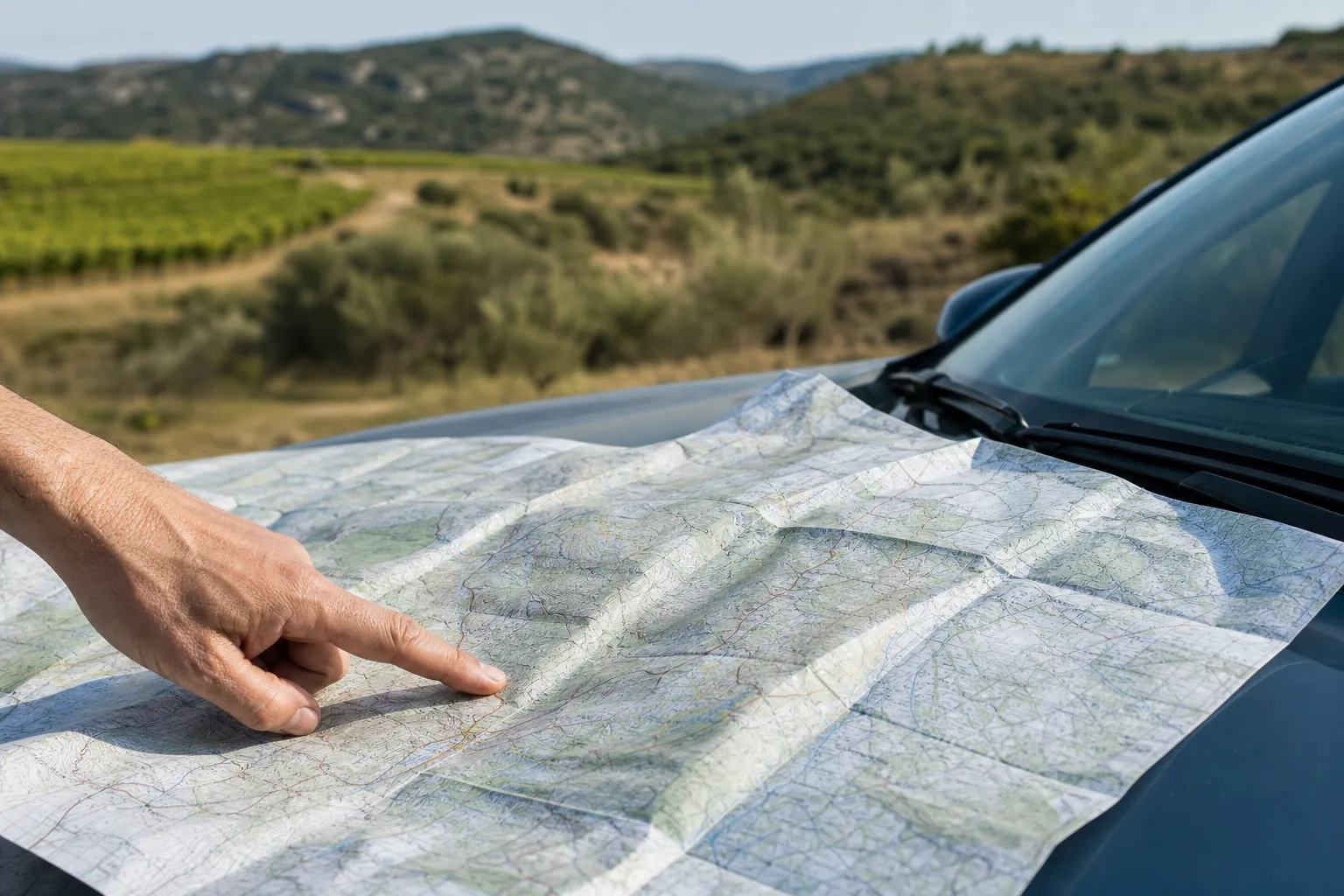 Carte topographique dépliée sur un capot de voiture, doigt pointant une zone